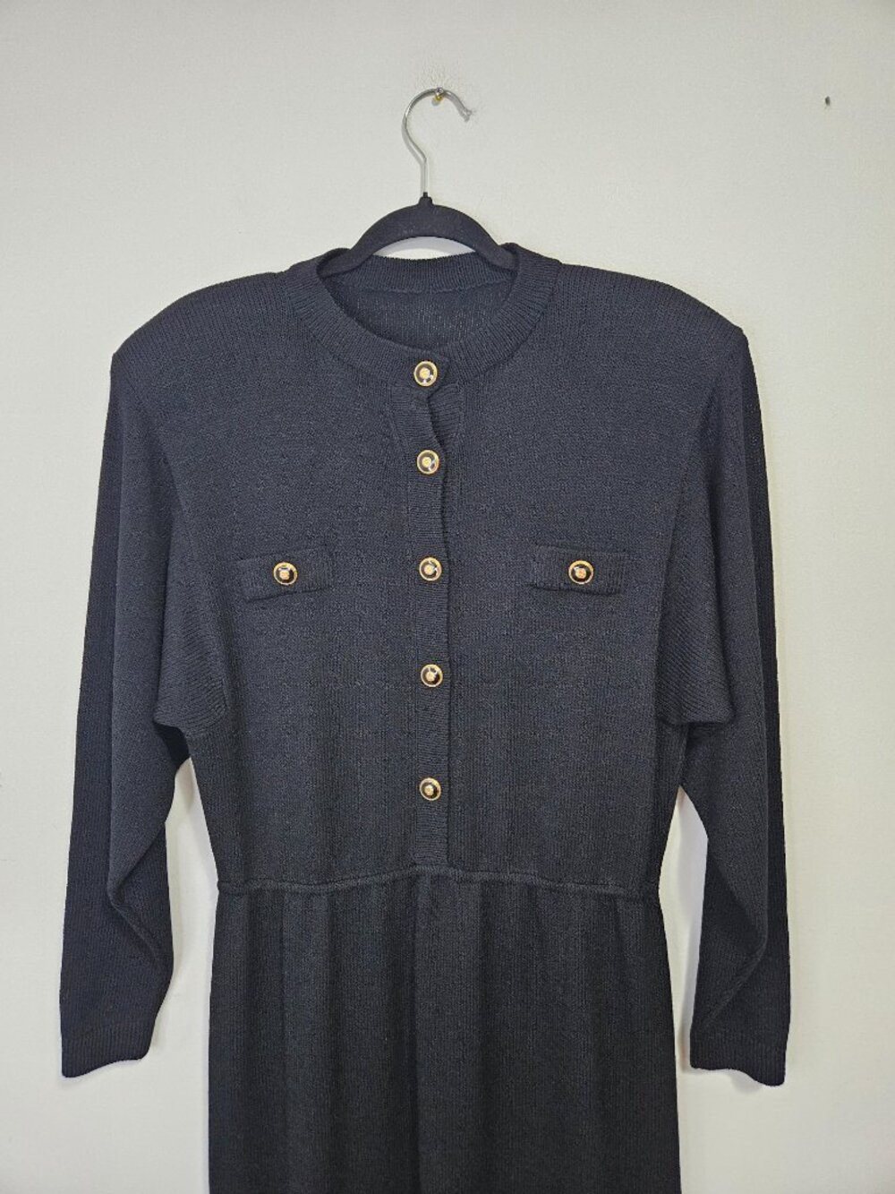 Vintage St. John Santana Knit Black Midi Dress Sz L Gold Logo Buttons Pull-On - Picture 2 of 9